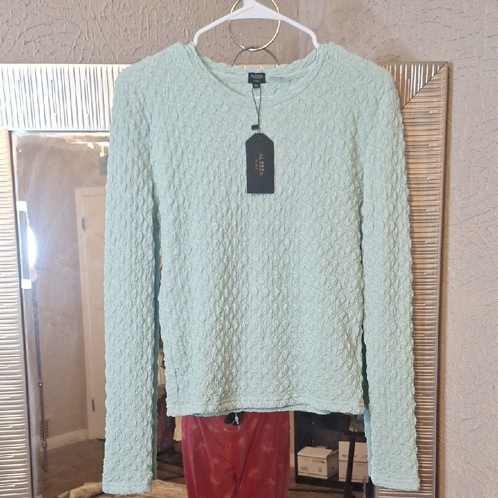ALEEZA PARIS JIFFY POP TOP Chic Light Green Textured Women's Sweater